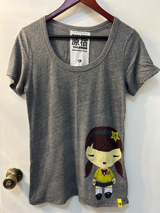 Harajuku Lovers Tops - Harajuku Lovers Gray Tee with Harajuku Girl in Yellow Sweater, XL